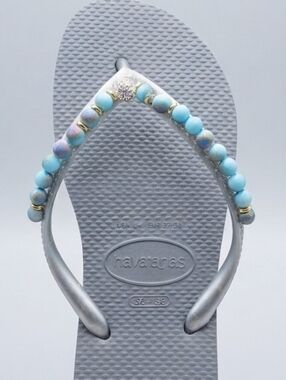 Havaianas Silver Flip Flops with Turquoise Beaded Straps